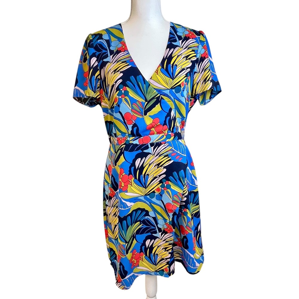 J CREW Mercantile Faux Wrap Dress Floral‎ Print Sz 10 Short Sleeve Office Work